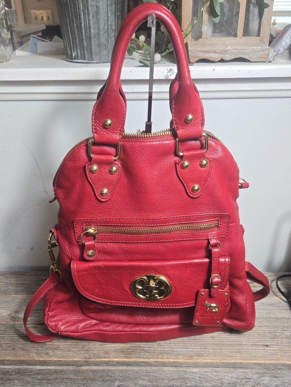 Emma Fox Red Leather Satchel Convertible Handbag with Gold Hardware